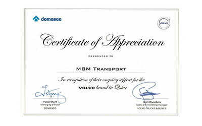 Certificate of Appreciation from Domasco (Volvo)